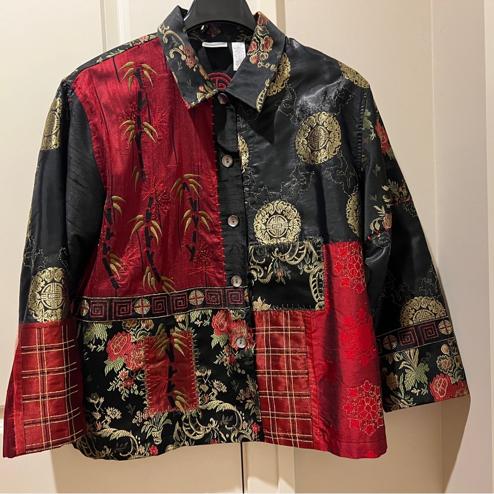 Modern Asian Inspired Red and Black Satin Patterned Shirt Mandarin Jacket
